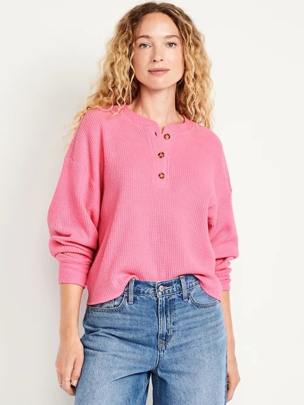 Old Navy Pink Waffle Knit Henley Thermal Top Oversized Long Sleeve M